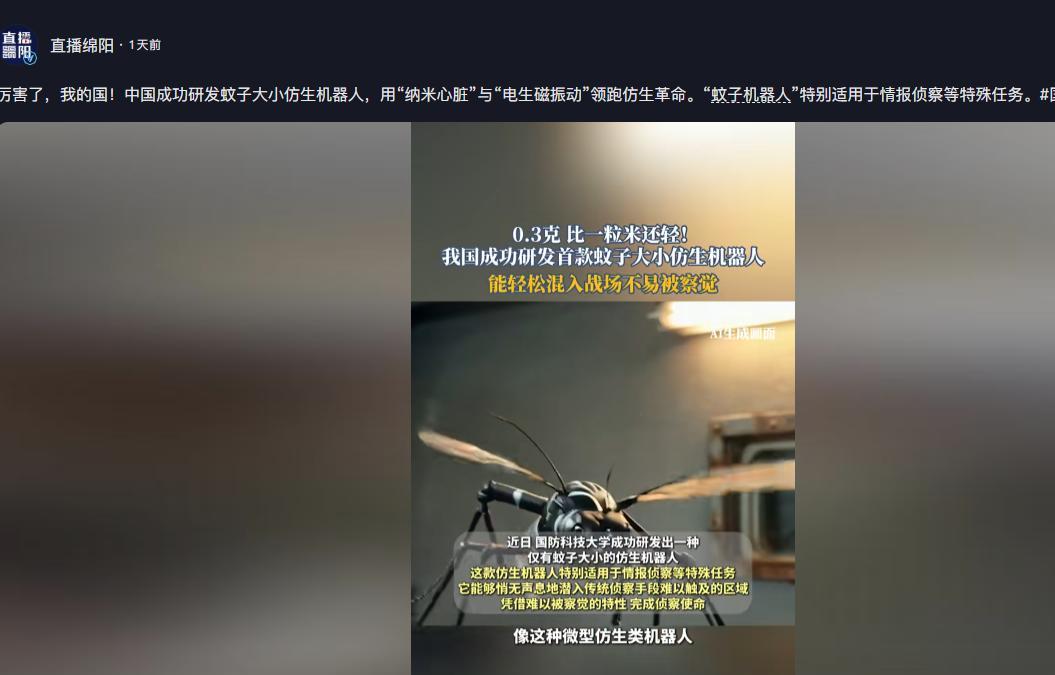 中国'蚊子机器人'震撼问世！2厘米微型武器可穿透所有雷达