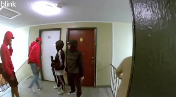 A doorbell cam video showed armed men breaking into an Aspen Grove apartment unit.