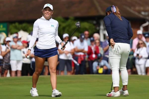 Sara Byrne of Great Britain & Ireland reacts during the Friday Foursomes on Match Day One of the Curtis Cup at Sunningdale Golf Club. Pic: Tom Dulat/R&A/R&A via Getty Images. Sara Byrne of Great Britain & Ireland reacts during the Friday Foursomes on Match Day One of the Curtis Cup at Sunningdale Golf Club. Pic: Tom Dulat/R&A/R&A via Getty Images.